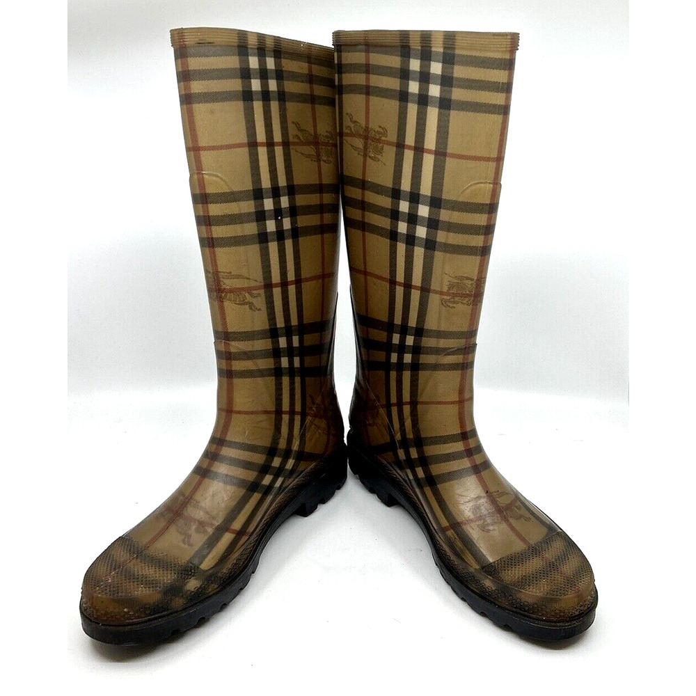 Burberry Rubber Rain Boots Women's Knee High Sz 7 Brown Novacheck Print Italy